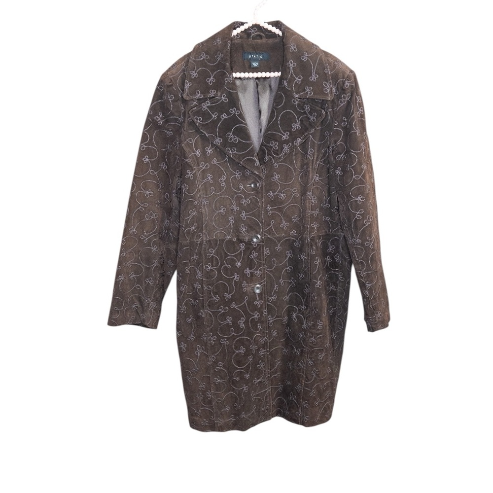 Vintage Static Large Embroidered Suede Leather Coat Jacket Trench Boho Western